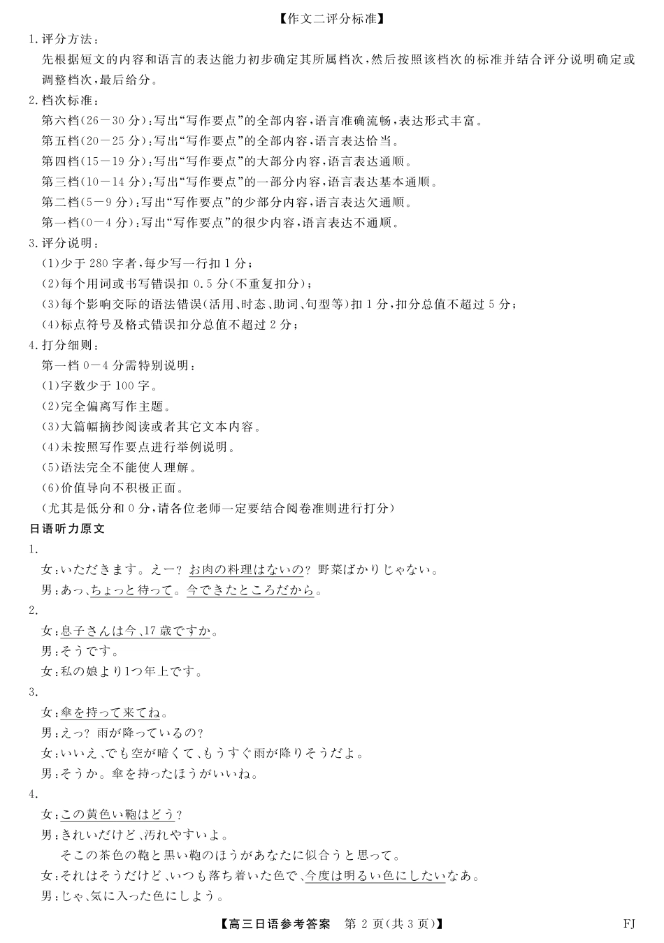 福建省部分地市校2025届高中毕业班3月质量检测日语答案.pdf_第2页