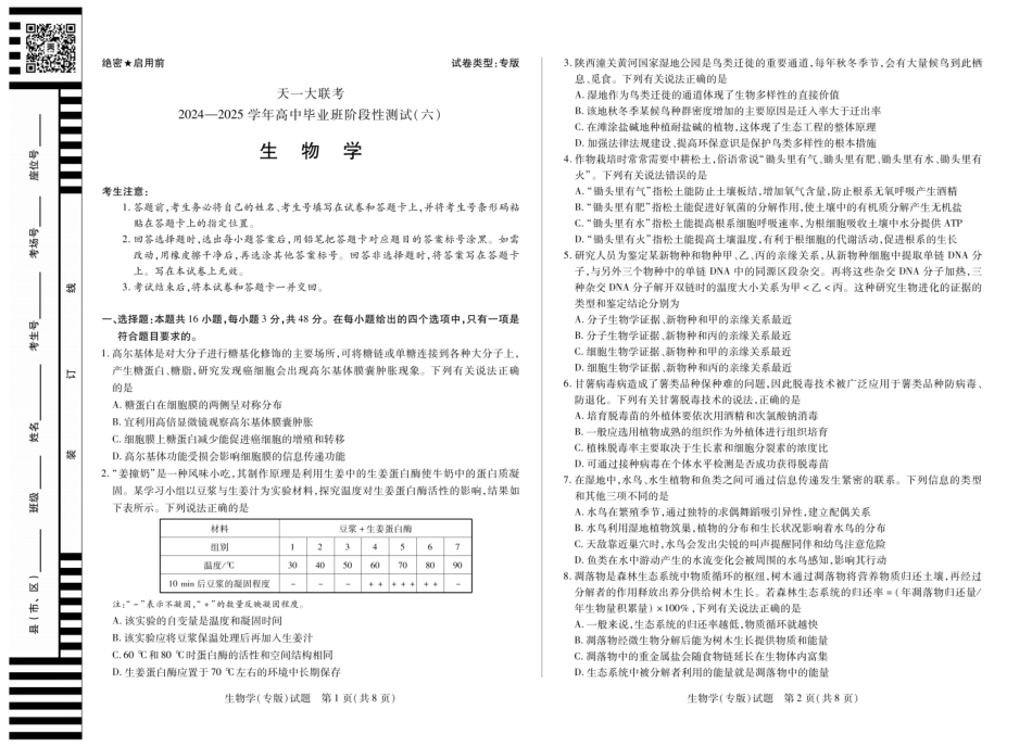 陕西省、山西省天一大联考2024-2025学年高中毕业班阶段性测试（六）生物试题.pdf_第1页