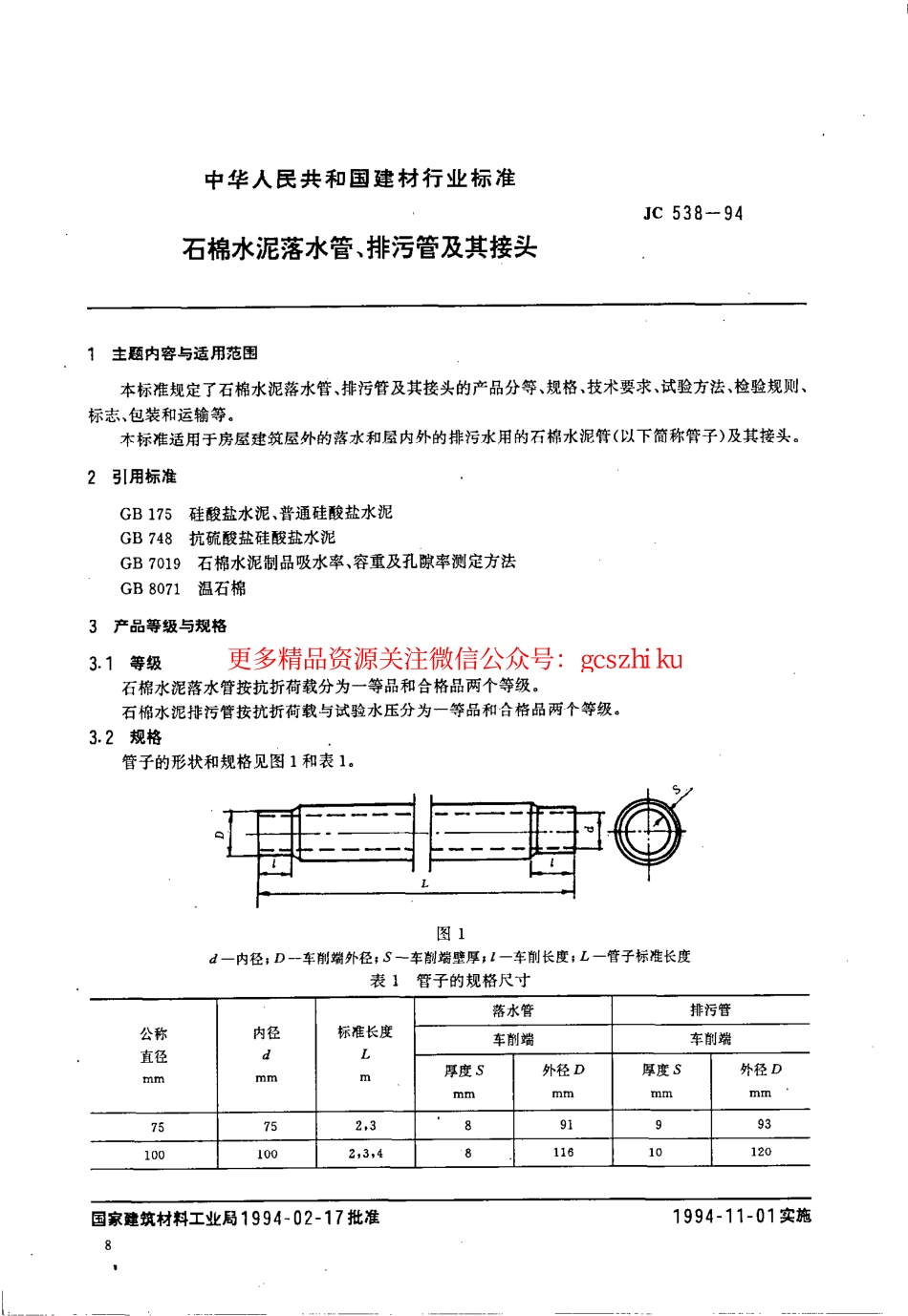 标准规范下载.JC538-1994 石棉水泥落水管、排污管及其接头.pdf_第1页