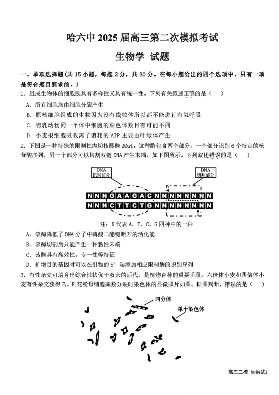 2025黑龙江哈尔滨六中高三第二次模拟考试 生物含答案.pdf_第1页