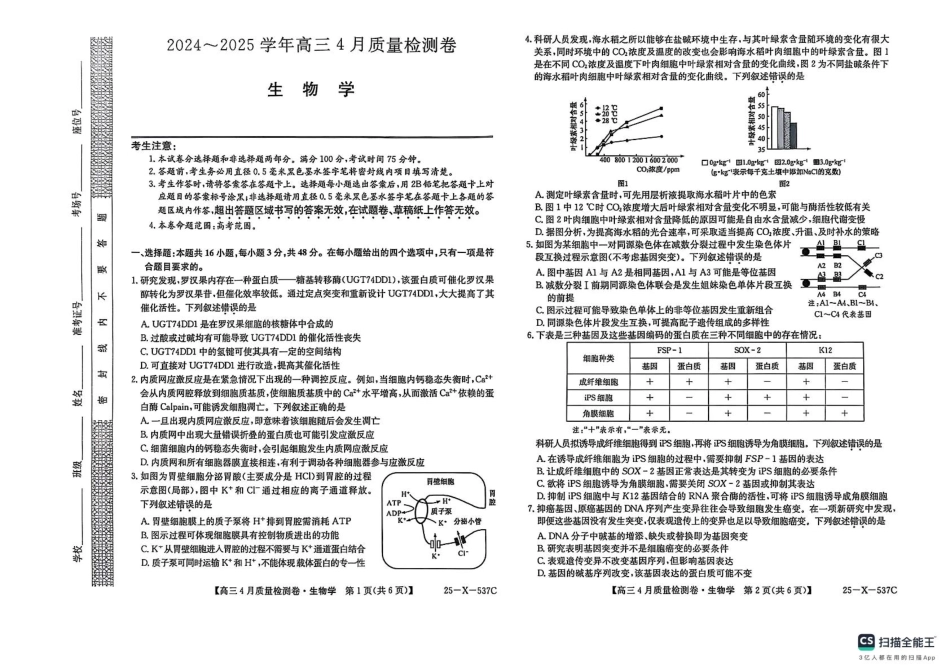 山西省晋中市部分学校2024-2025学年高三下学期4月月考生物试题.pdf_第1页