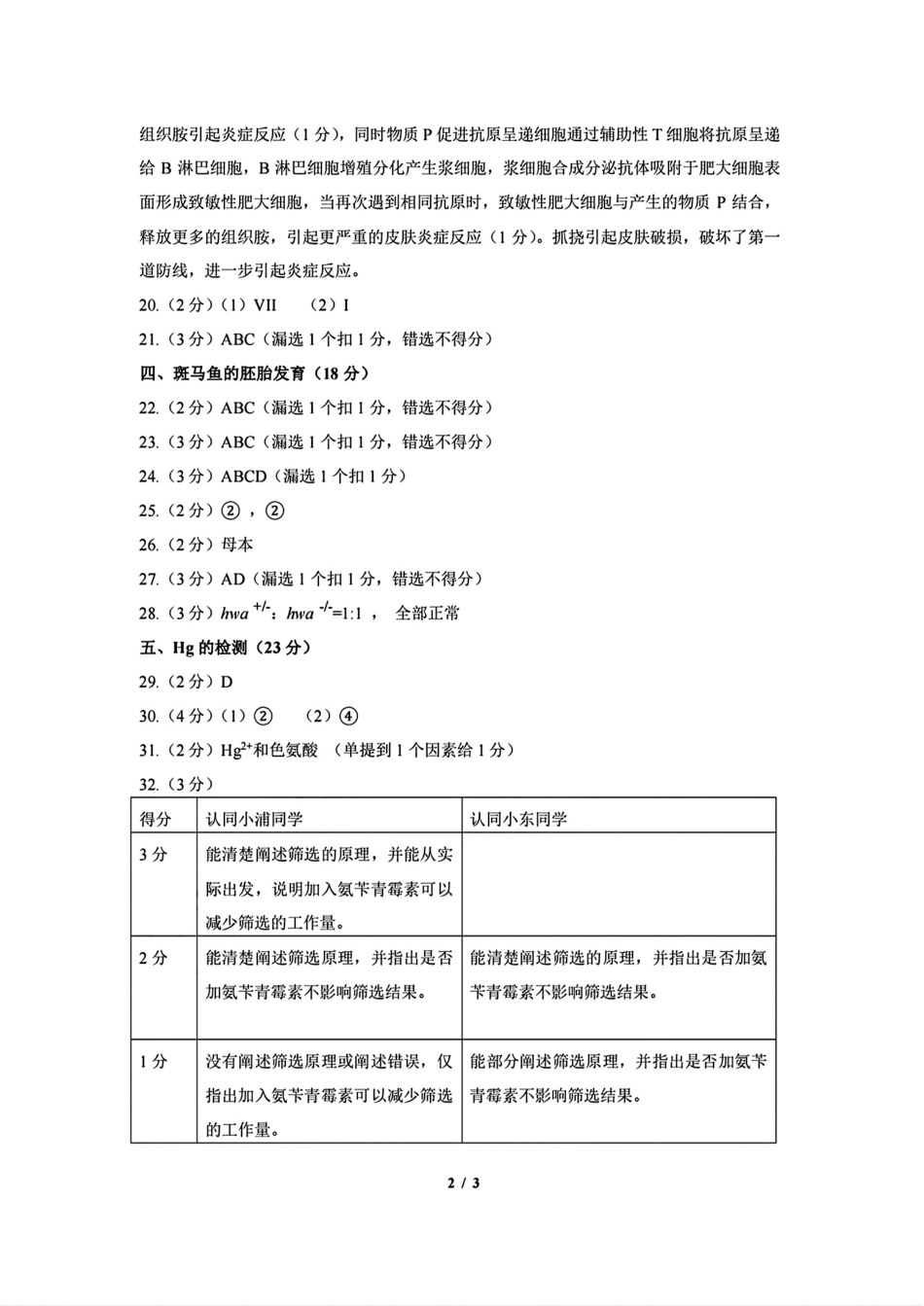 上海市浦东新区2024学年度第二学期高中教学质量检测生物答案.pdf_第2页