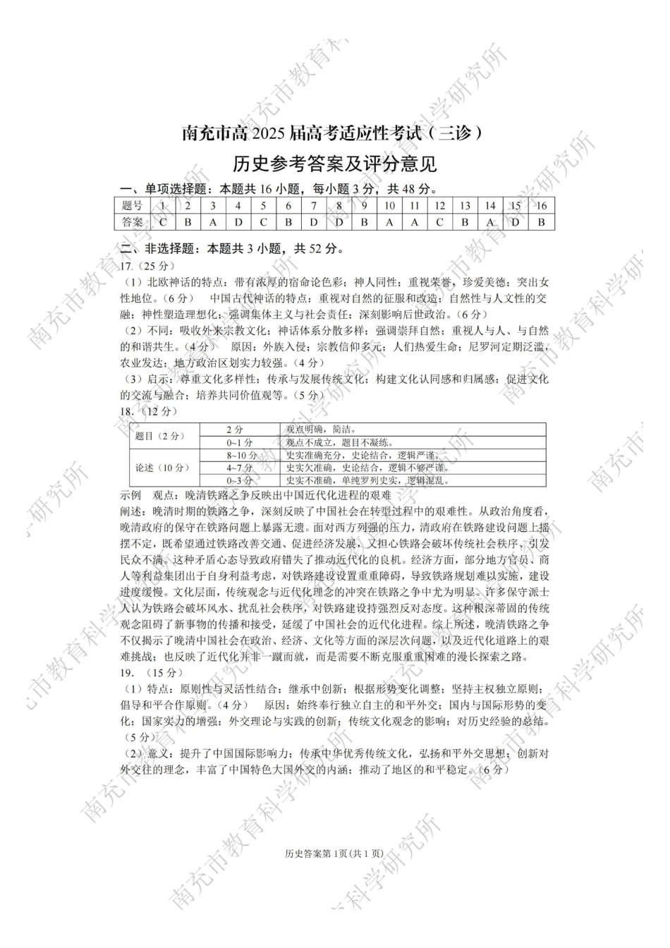 四川省南充市高2025届高考适应性考试（三诊）历史答案.pdf_第1页