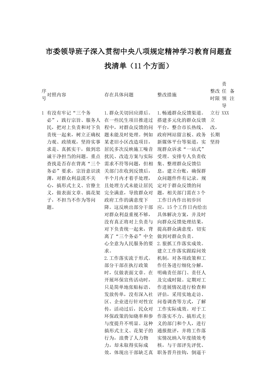 市委领导班子深入贯彻中央八项规定精神学习教育问题查找清单（11个方面）.docx_第1页