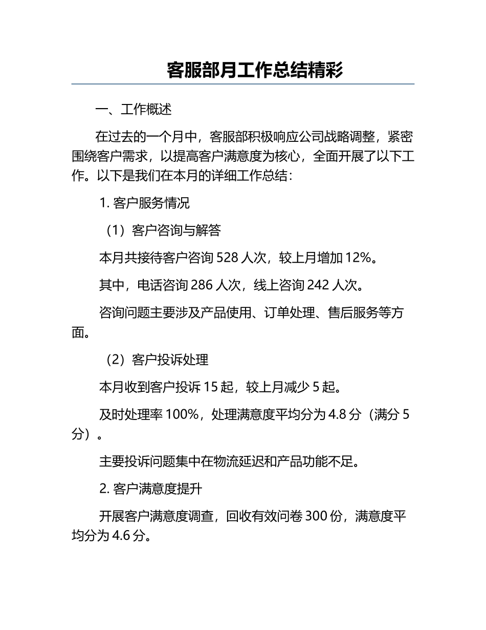 客服部月工作总结精彩.docx_第1页