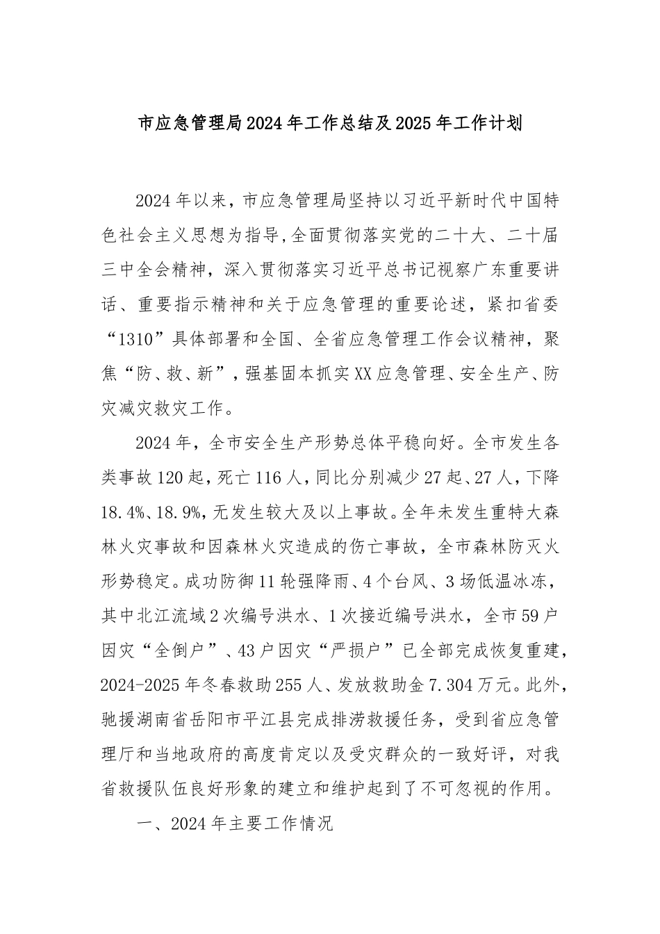 市应急管理局2024年工作总结及2025年工作计划.doc_第1页