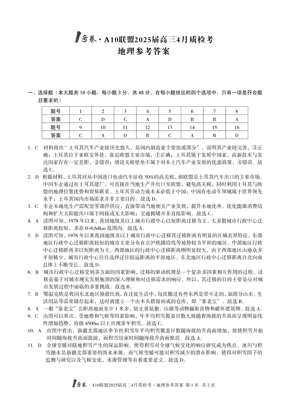 1号卷A10联盟2025届高三4月质检考地理答案.pdf_第1页