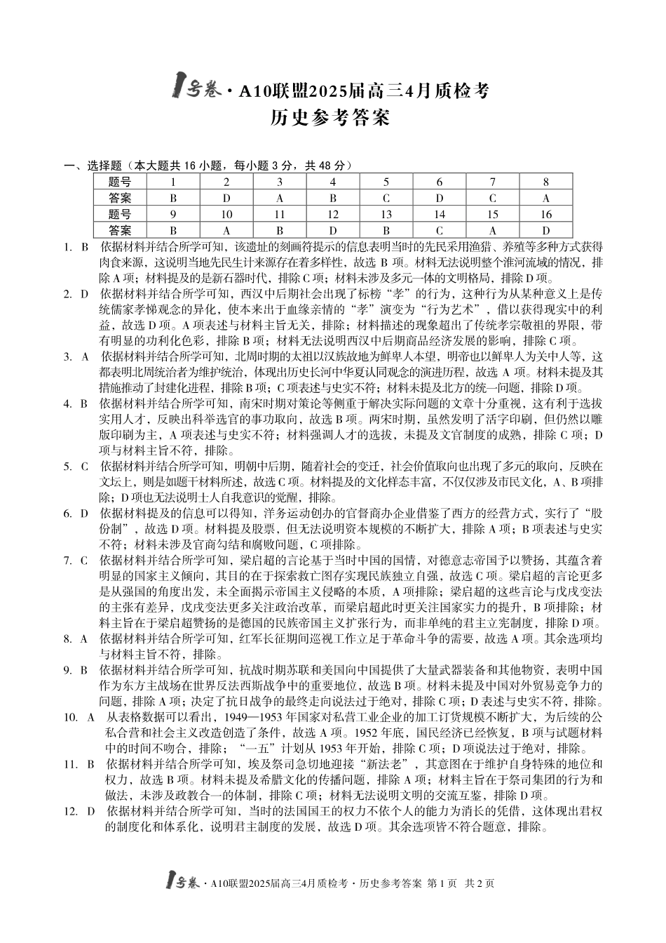 1号卷A10联盟2025届高三4月质检考历史答案.pdf_第1页