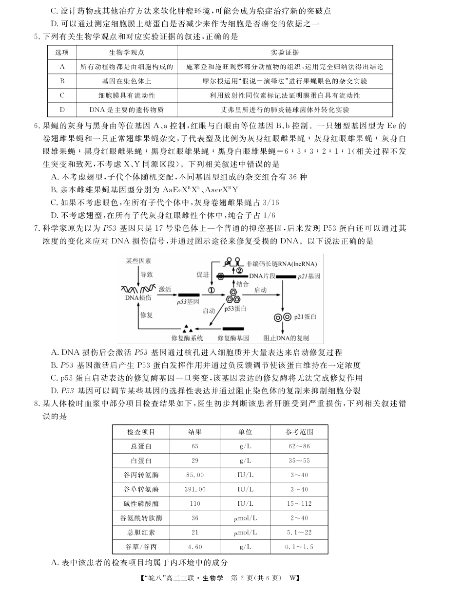 安徽省“皖南八校”2025届高三第三次大联考生物试题.pdf_第2页