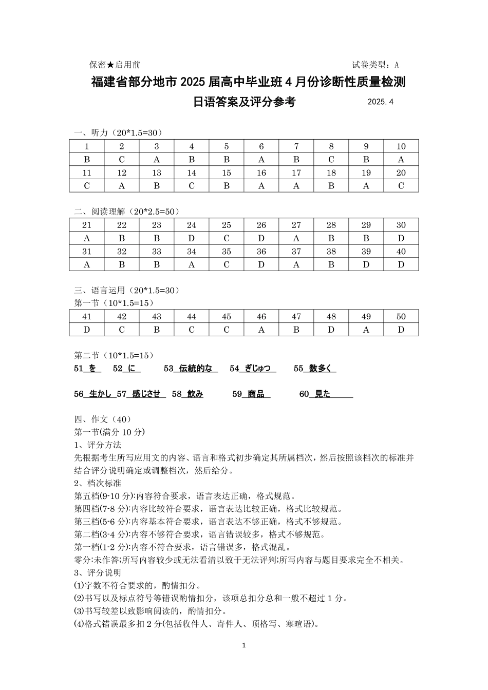 福建省九市联考2024~2025学年高三年级第三次质量检测日语答案.pdf_第1页