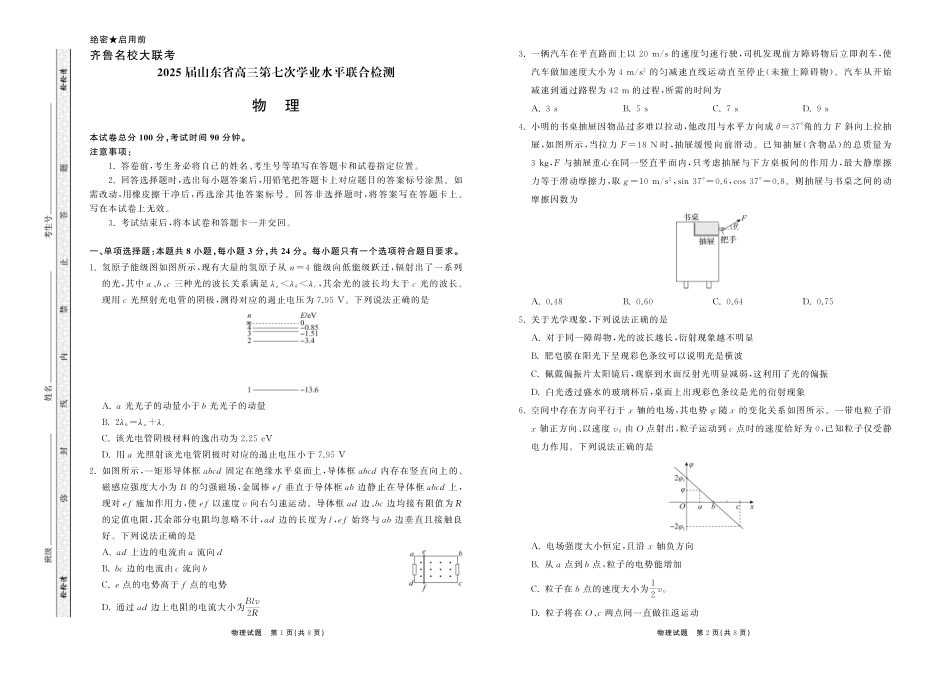 齐鲁名校大联考2025届山东省高三第七次学业水平联合检测物理试题.pdf_第1页