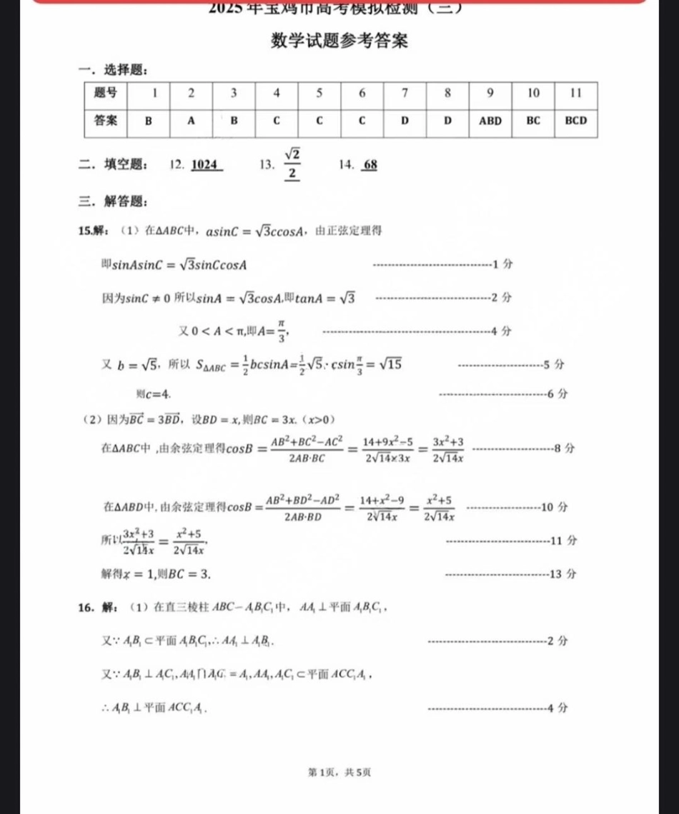 陕西省宝鸡市2025届高三高考模拟检测试题（三）数学答案.pdf_第1页