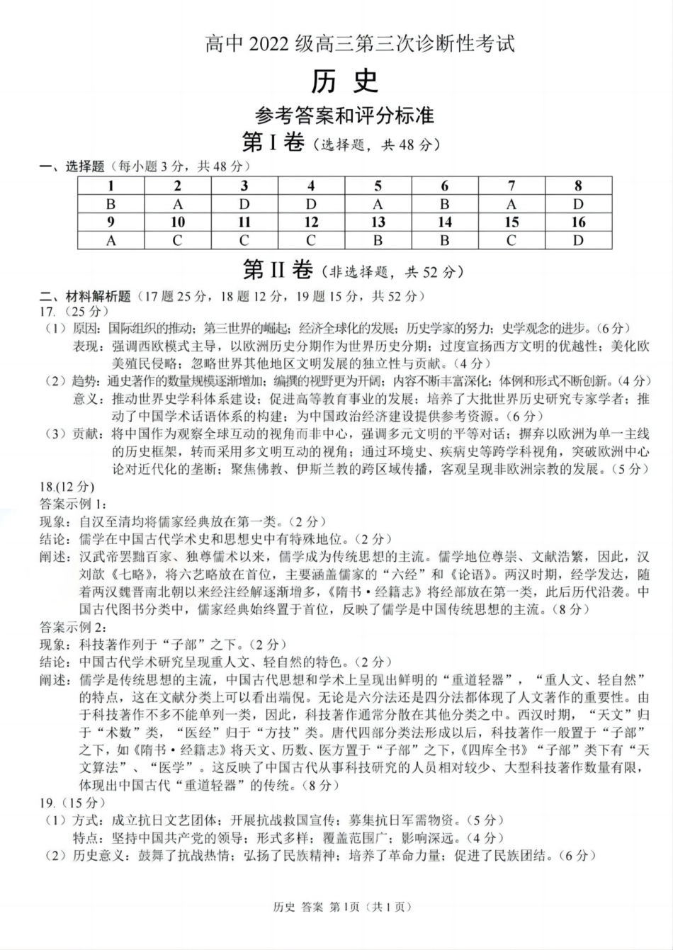 四川省元三维大联考高2022级第三次诊断性测试历史答案.pdf_第1页
