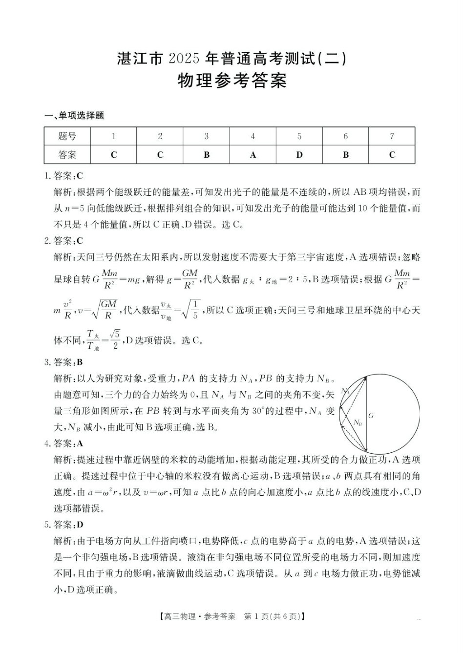 2025届广东省湛江市高三下学期4月二模物理答案.pdf_第1页