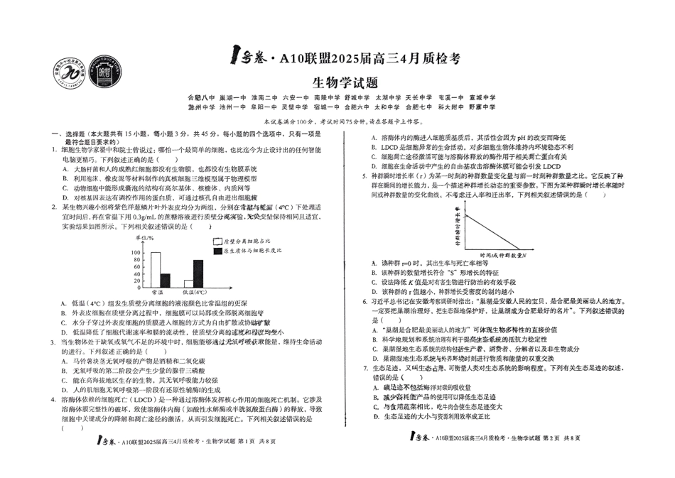 安徽省A10联盟2025届高三4月质检考生物+答案.pdf_第1页