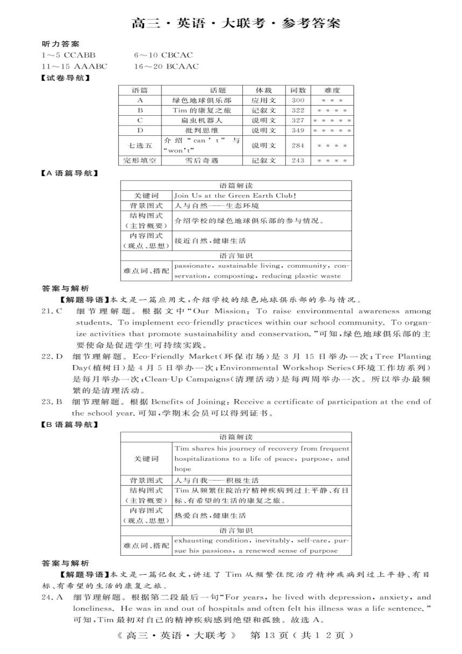 河南部分学校2024-2025学年高三下学期4月联考英语答案.pdf_第1页