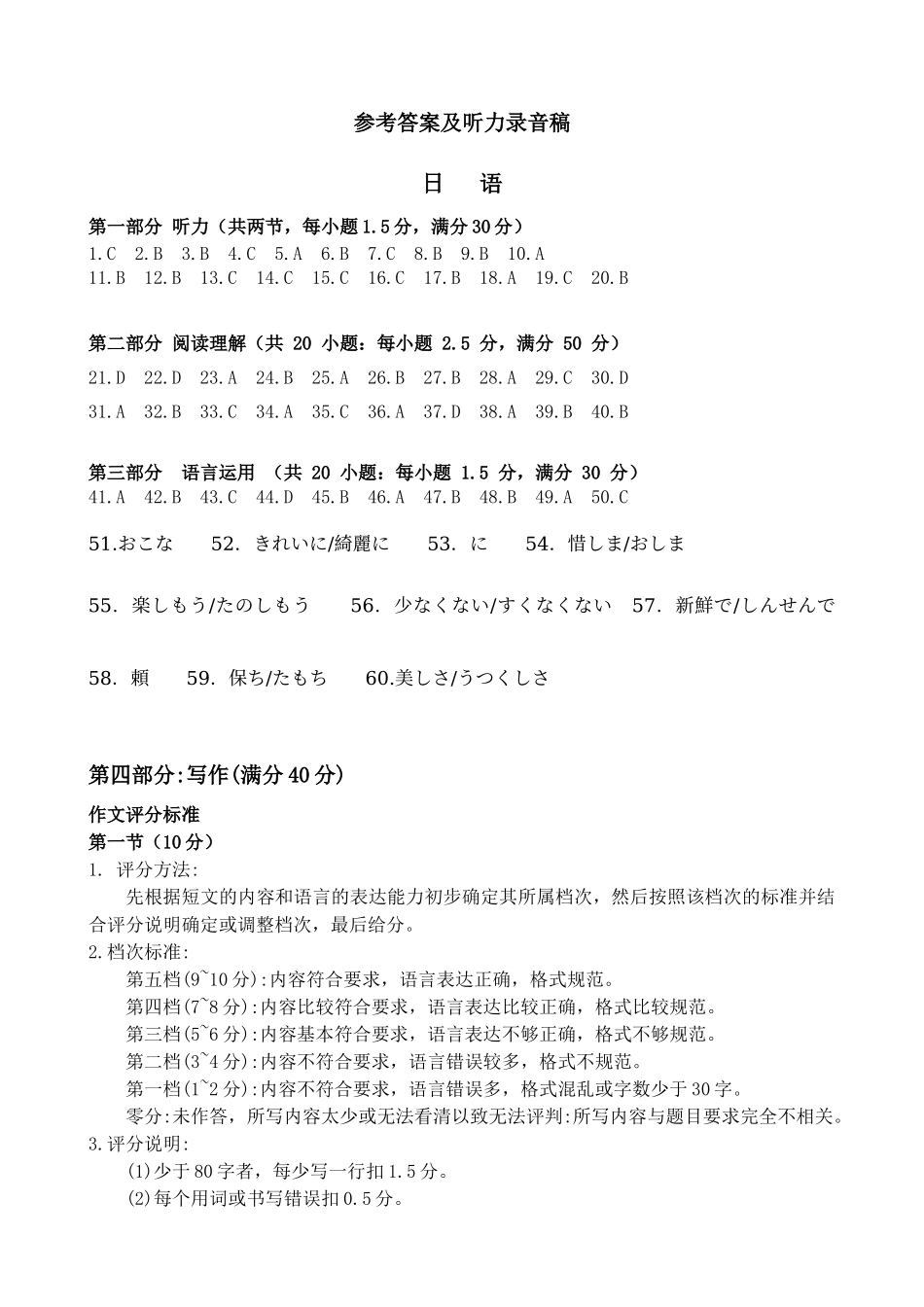 湖北省2025届高三（4月）调研模拟考试日语答案.docx_第1页