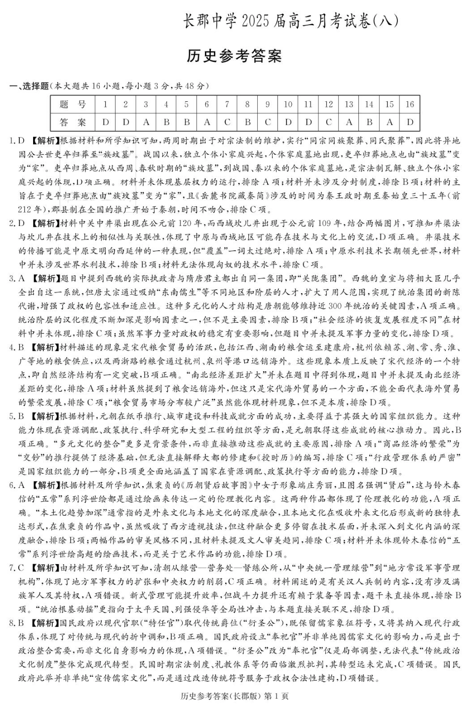 湖南省长沙市长郡中学2024-2025学年高三下学期月考（八）历史答案（25长郡8）.pdf_第1页