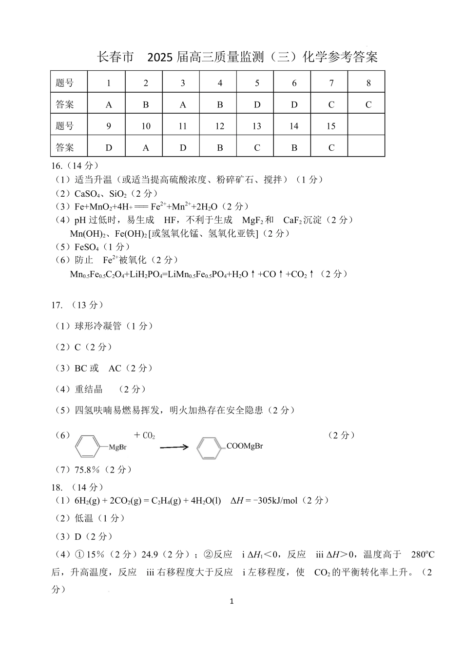 吉林省长春市2025届高三下学期质量监测（三）化学答案.docx_第1页