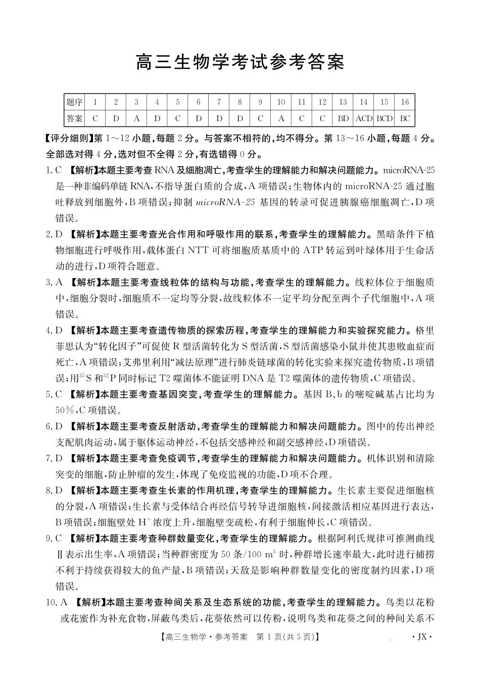 江西省2025届全国“优创名校”高三金太阳4月联考(25-489C)高三生物学489C答案.pdf_第1页