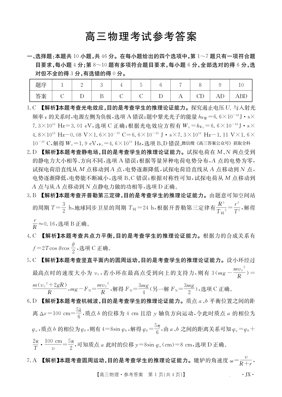江西省2025届全国“优创名校”高三金太阳4月联考(25-489C)高三物理489C答案.pdf_第1页