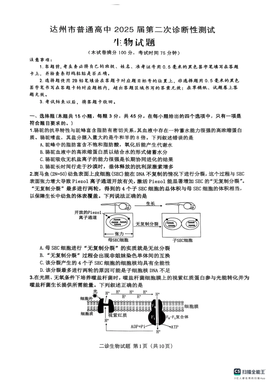 四川省达州市普通高中2025届第二次诊断性测试生物试题.pdf_第1页