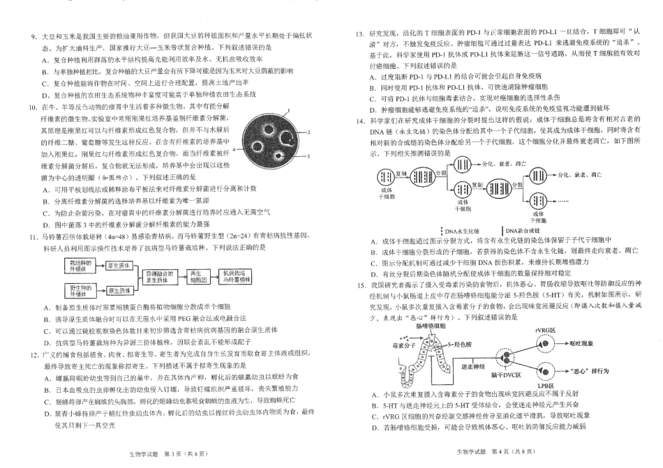 四川省雅安市2024-2025学年高三下学期第二次诊断性考试生物试题.pdf_第2页