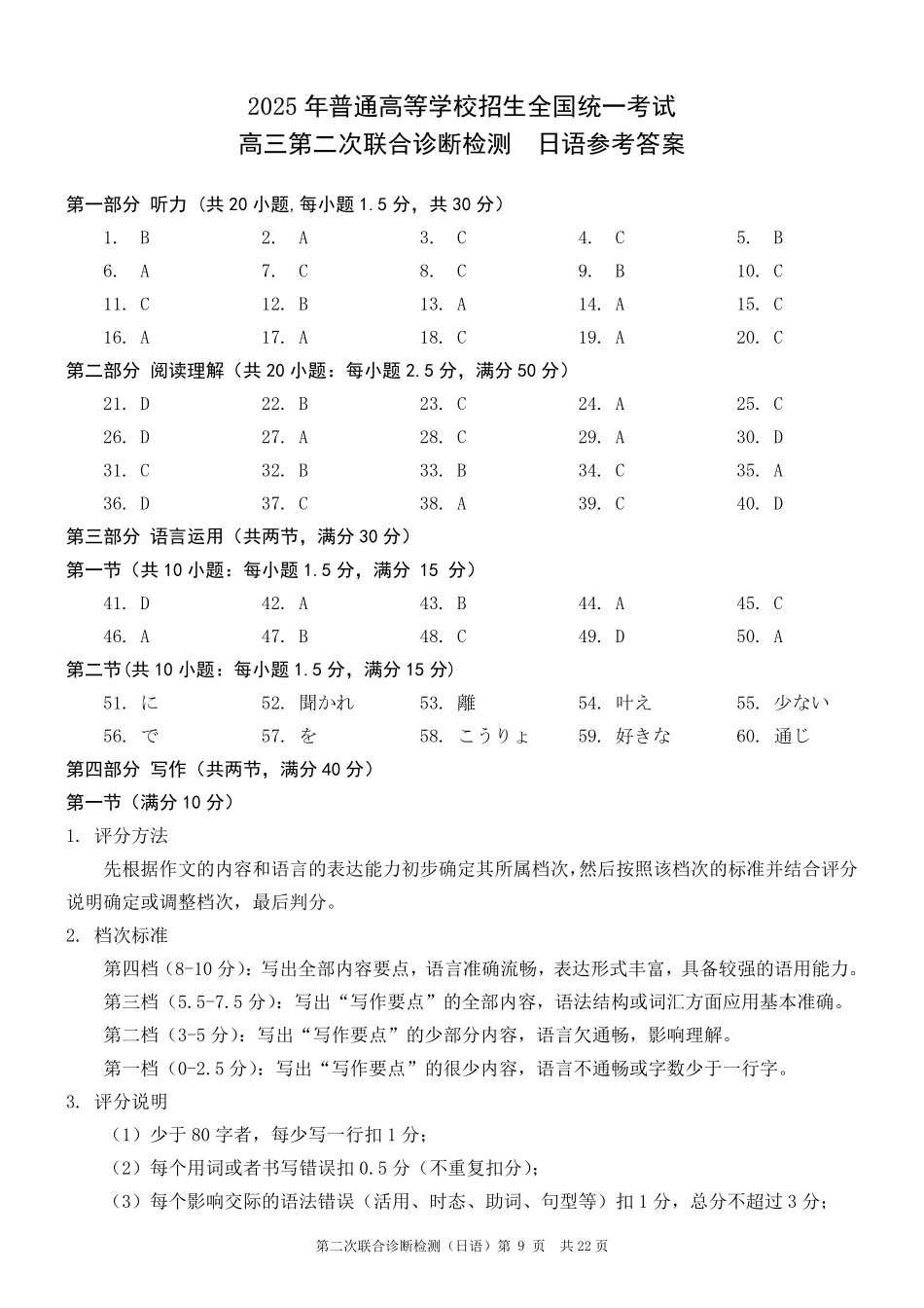 重庆市2025年普通高等学校招生全国统一考试（康德二诊）日语答案.pdf_第1页