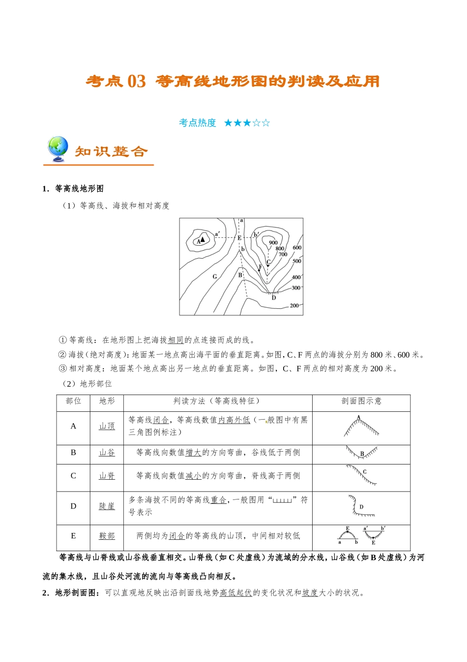 【高考地理考点专题】考点03 等高线地形图的判读及应用.doc_第1页
