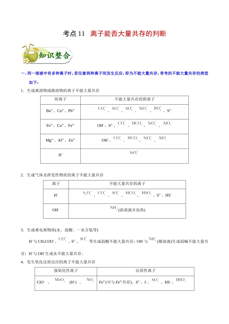 【高考化学考点专题】考点11 离子能否大量共存的判断.doc_第1页