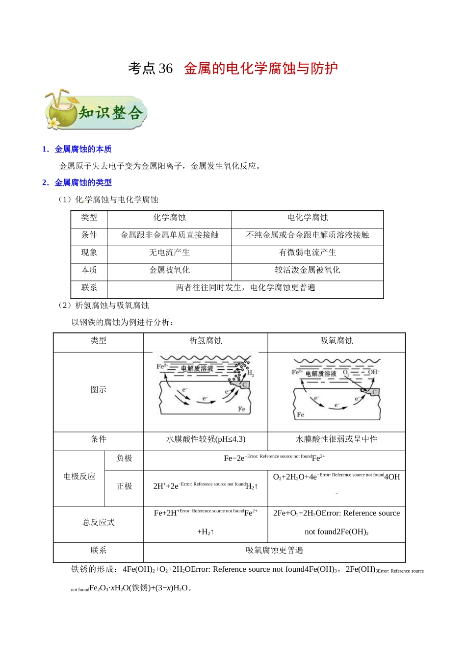【高考化学考点专题】考点36 金属的电化学腐蚀与防护.doc_第1页