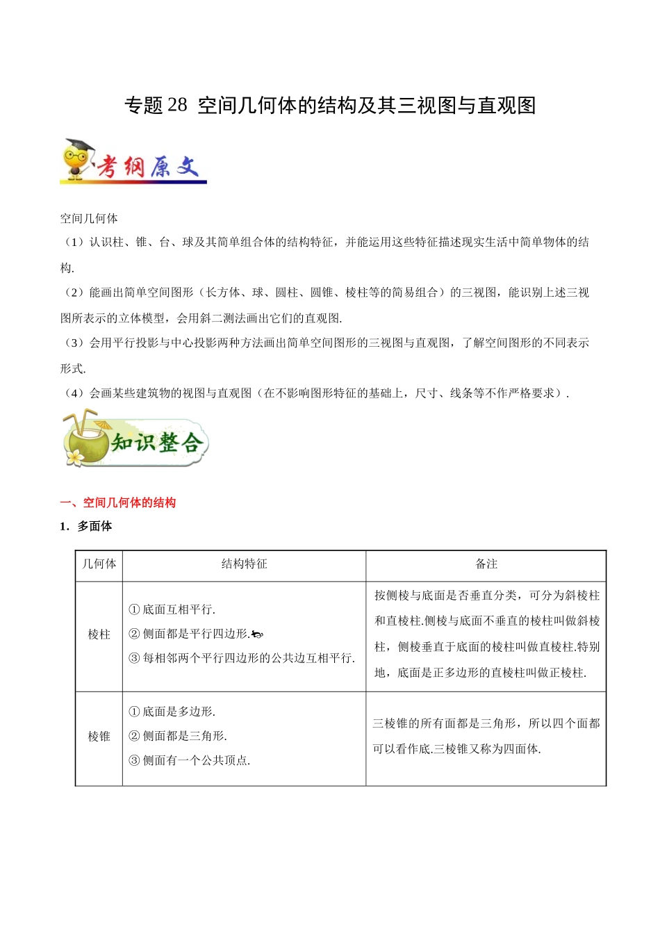 【高考理科数学考点专题】考点28 空间几何体的结构及其三视图与直观图.docx_第1页