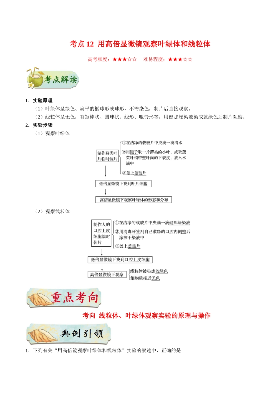 【高考生物考点专题】考点12 用高倍显微镜观察叶绿体和线粒体.doc_第1页