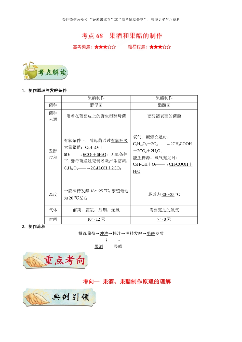 【高考生物考点专题】考点68 果酒和果醋的制作.doc_第1页