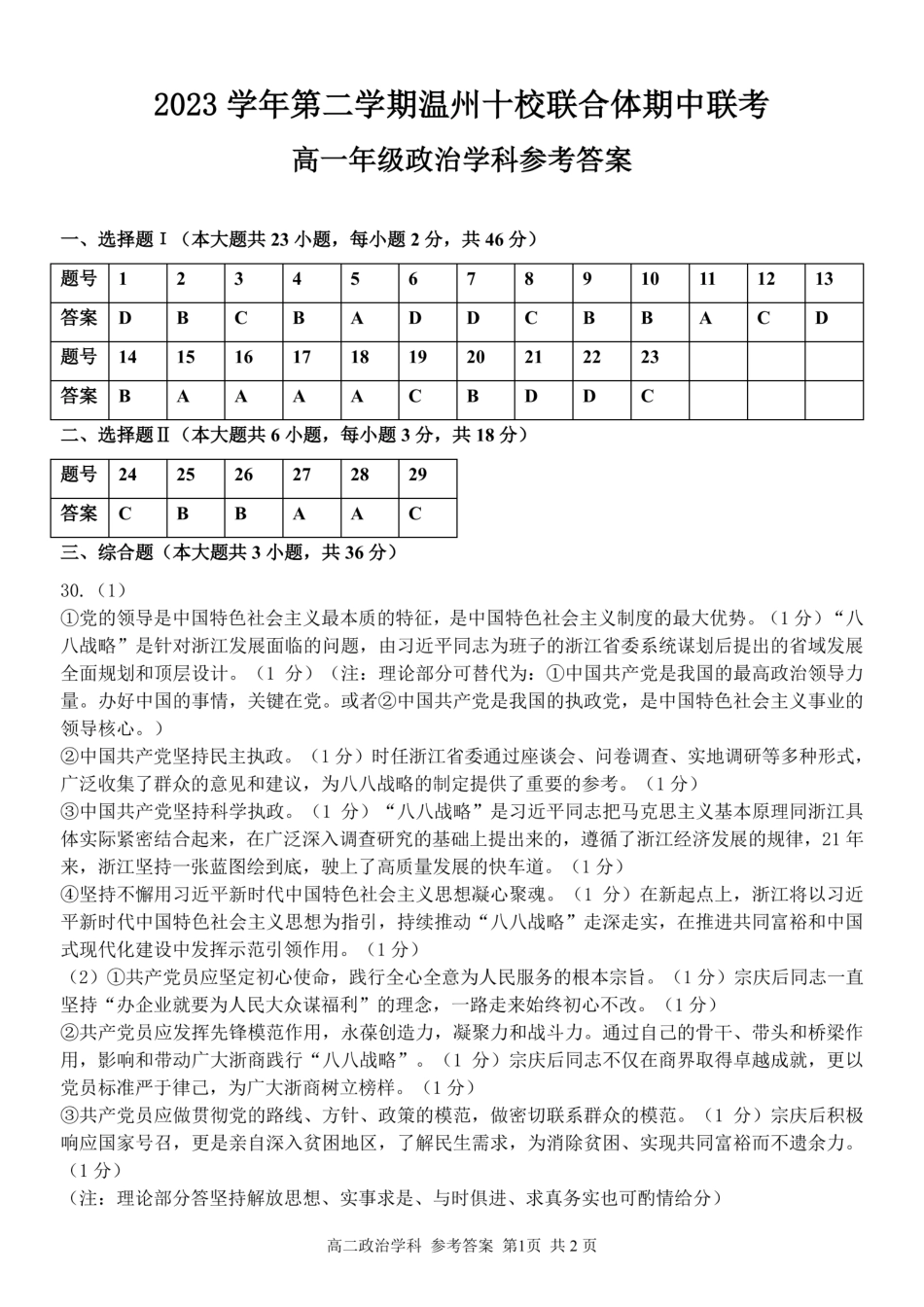 浙江十校2023-2024学年高一下学期期中联考政治答案.pdf_第1页