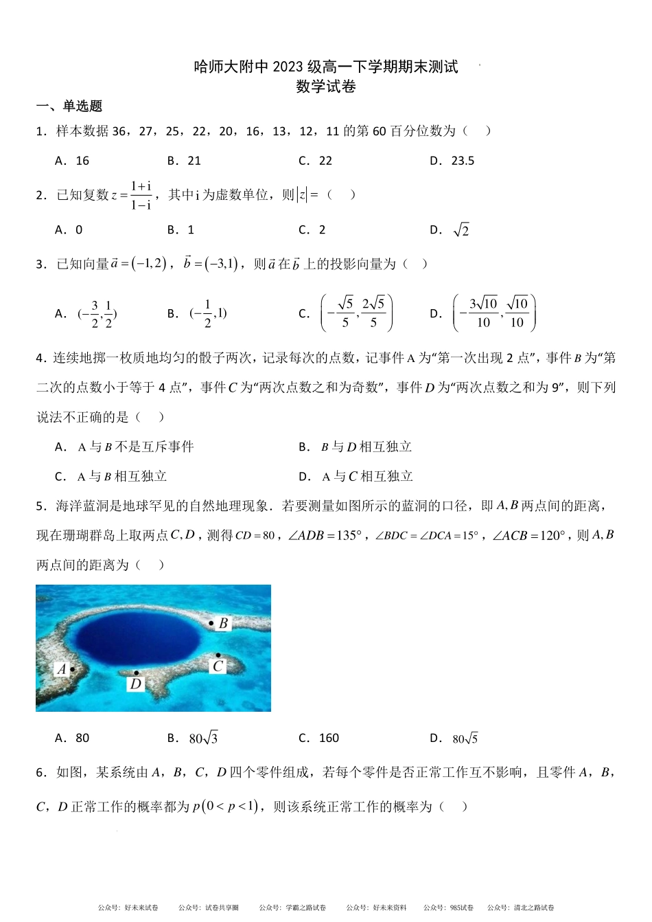 哈师大附属中学2024年高一下学期期末考试数学试题+答案.pdf_第1页
