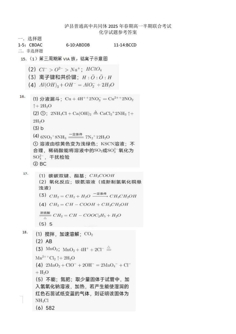 泸县普通高中共同体2025年春期高一半期联合考试化学答案.pdf_第1页