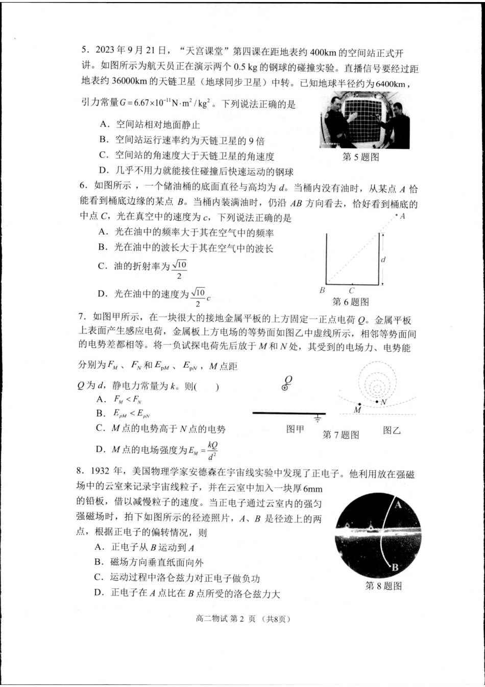 浙江省杭州市2023-2024学年高二下学期6月期末考试物理试题.pdf_第2页