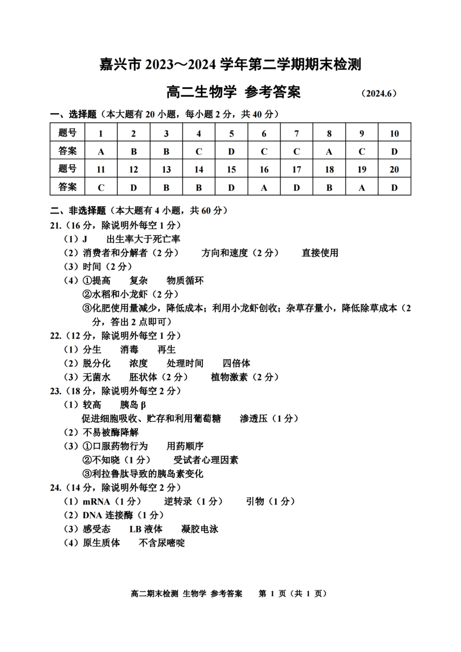浙江省嘉兴市2023-2024学年高二第二学期期末测试生物试卷答案.pdf_第1页