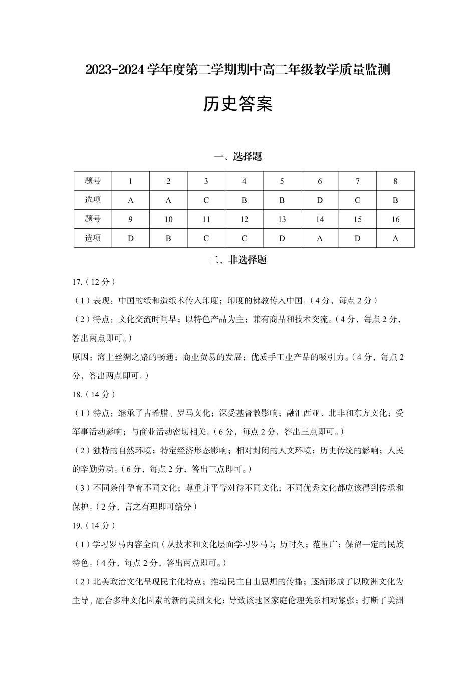2023-2024学年高二下学期4月期中考试历史答案.pdf_第1页