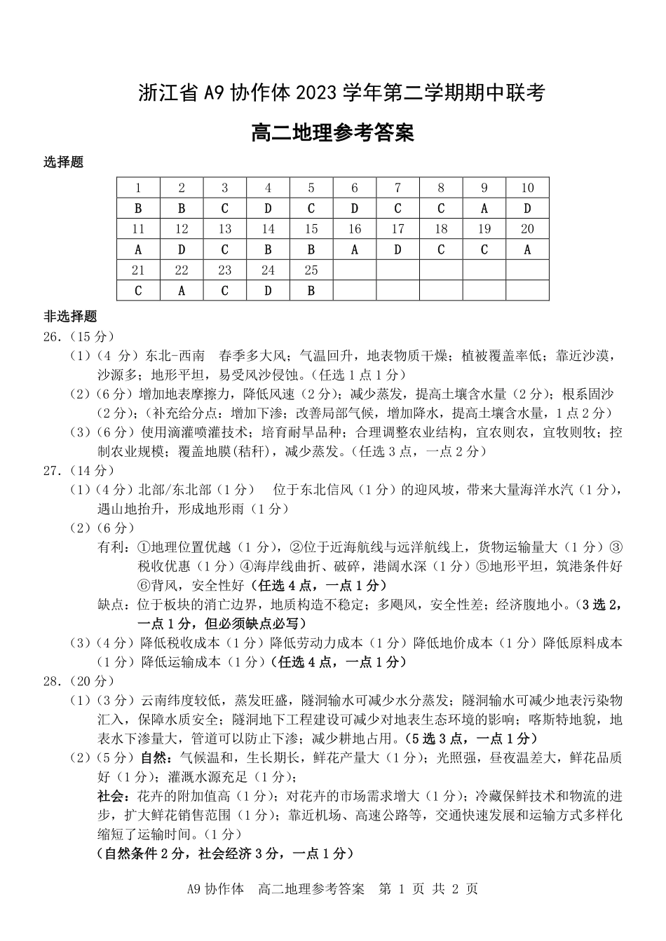 A9协作体2023-2024学年高二下学期4月期中考试地理答案.pdf_第1页