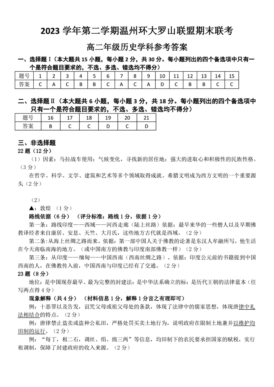 浙江省温州市温州环大罗山联盟2023学年高二第二学期期末联考历史试卷答案.pdf_第1页