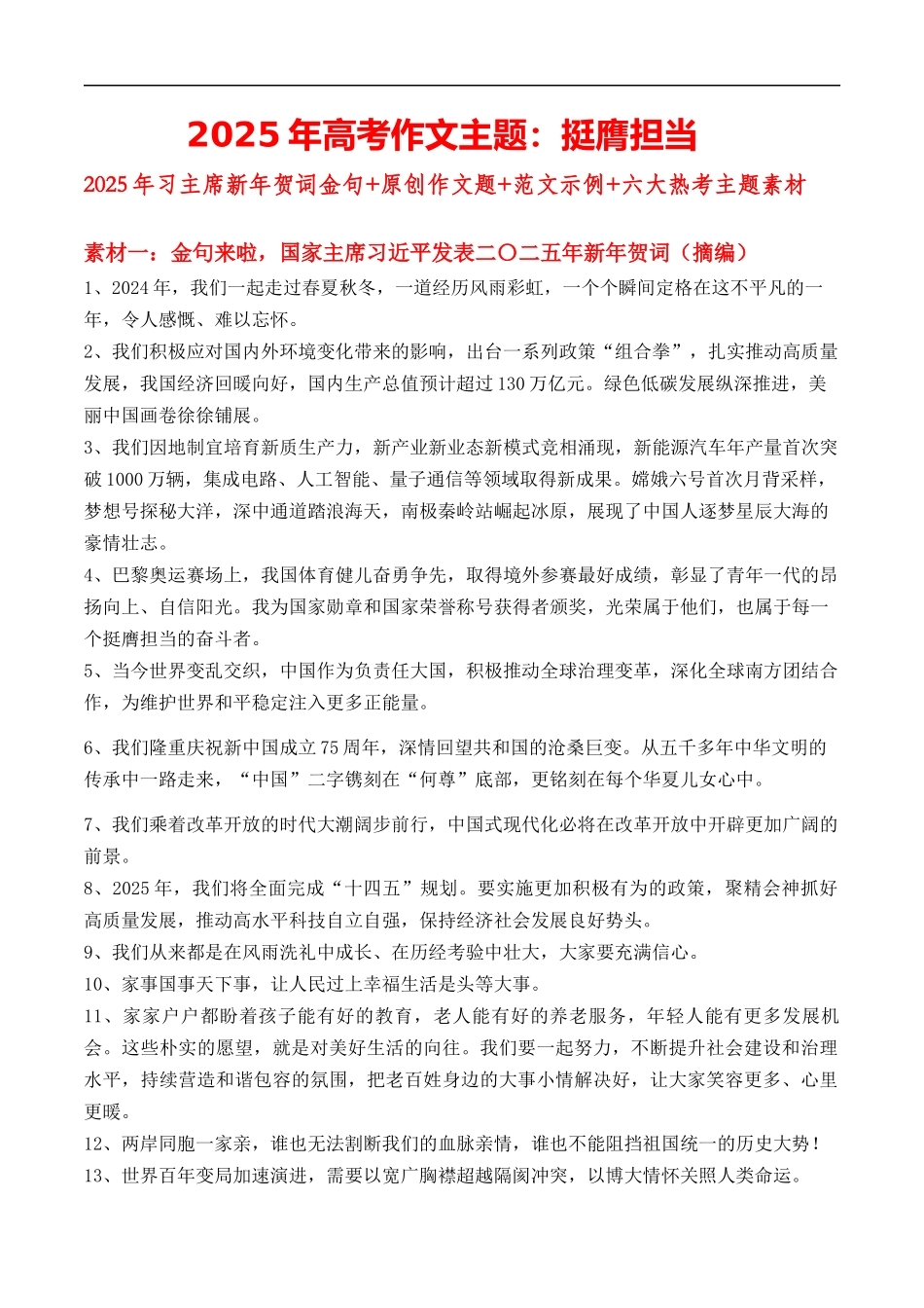 专题19 2025年高考作文主题：挺膺担当2025年新年贺词金句+原创作文题+范文示例+六大热考主题素材-2025年中考语文作文.docx_第1页