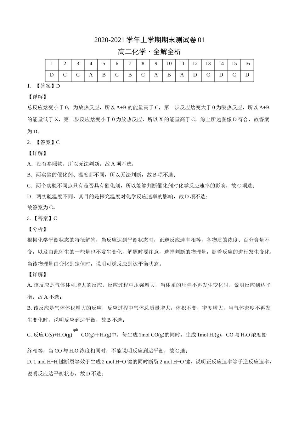 学易金卷：2020-2021学年高二化学上学期期末测试卷01（人教版选择性必修1）（全解全析）.doc_第1页
