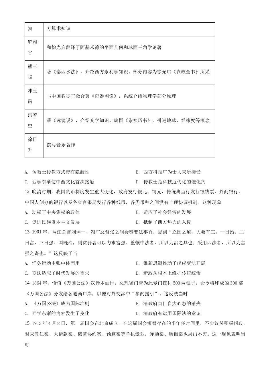 重庆市七校2021-2022学年高二上学期期末考试历史试题（原卷版）.docx_第3页