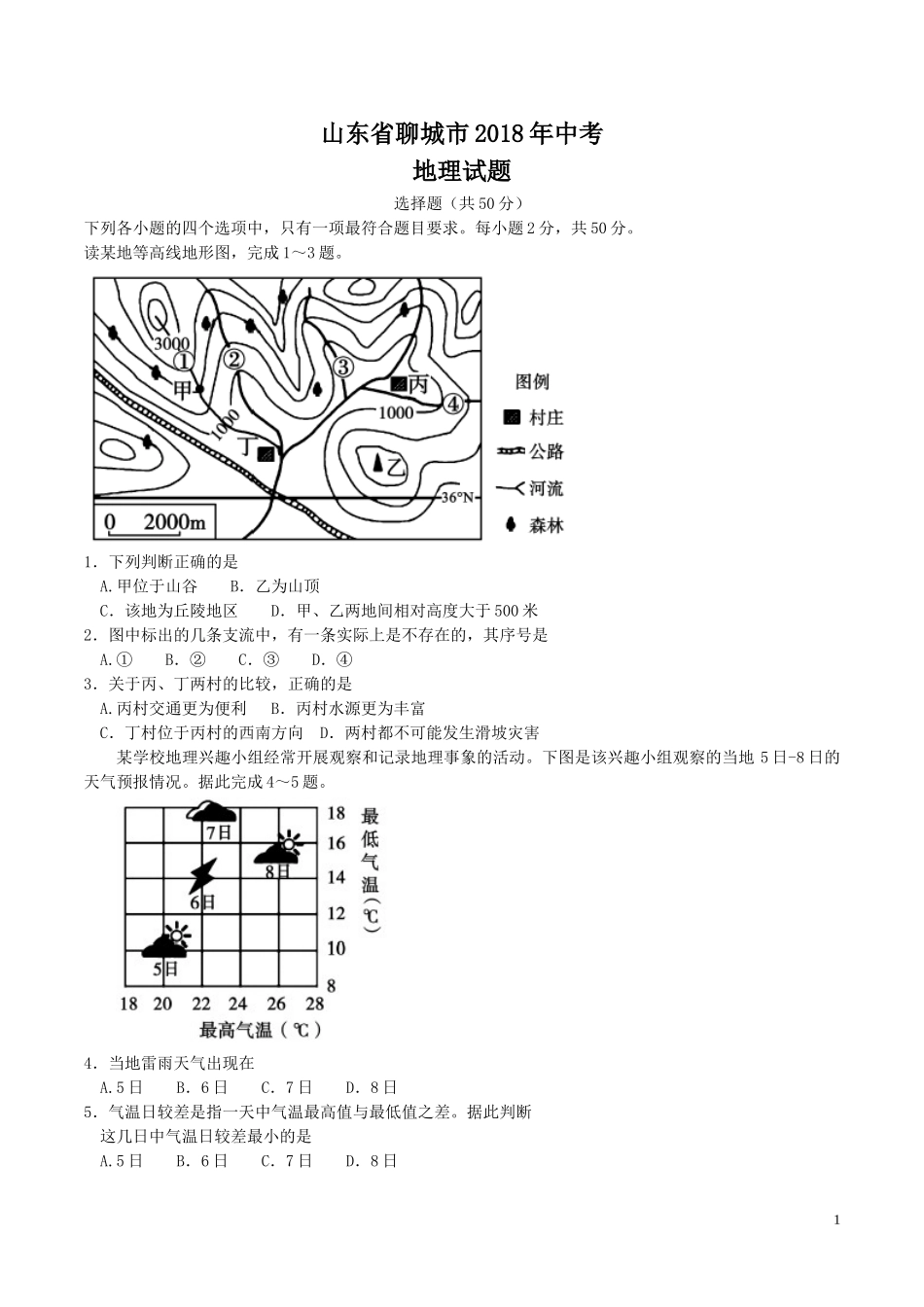 2018年山东聊城中考地理试卷及答案.doc_第1页