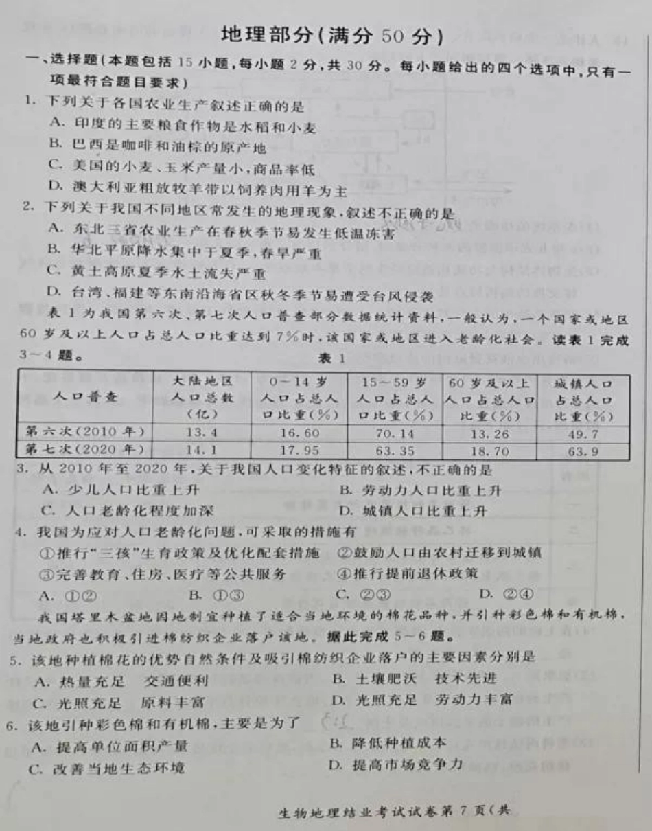 内蒙古呼和浩特市2021年中考地理真题及答案.doc_第1页