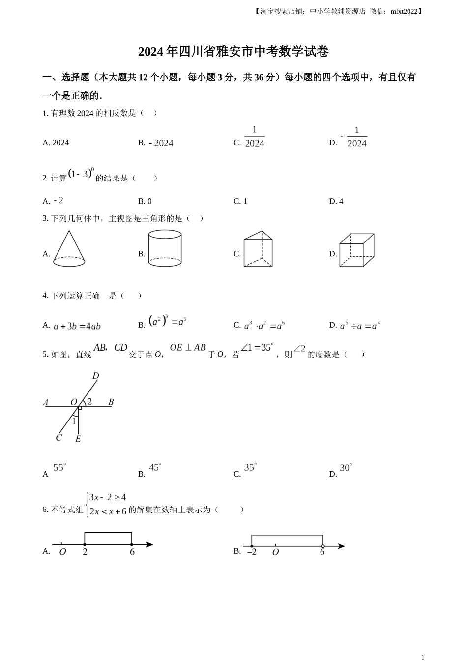精品解析：2024年四川省雅安市中考数学试题 （原卷版）.docx_第1页