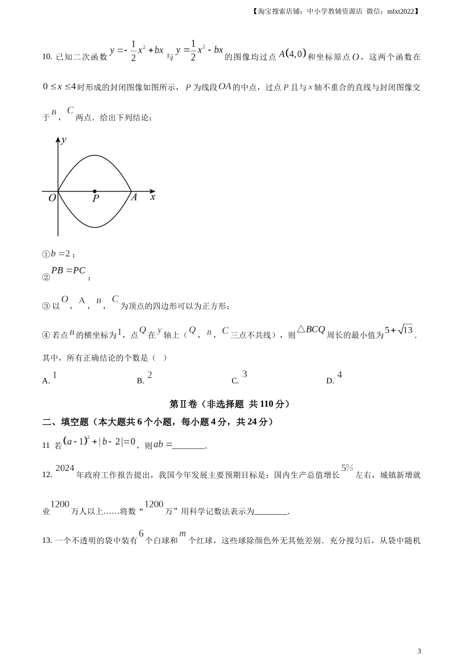 精品解析：2024年四川省资阳市中考数学试题（原卷版）.docx_第3页