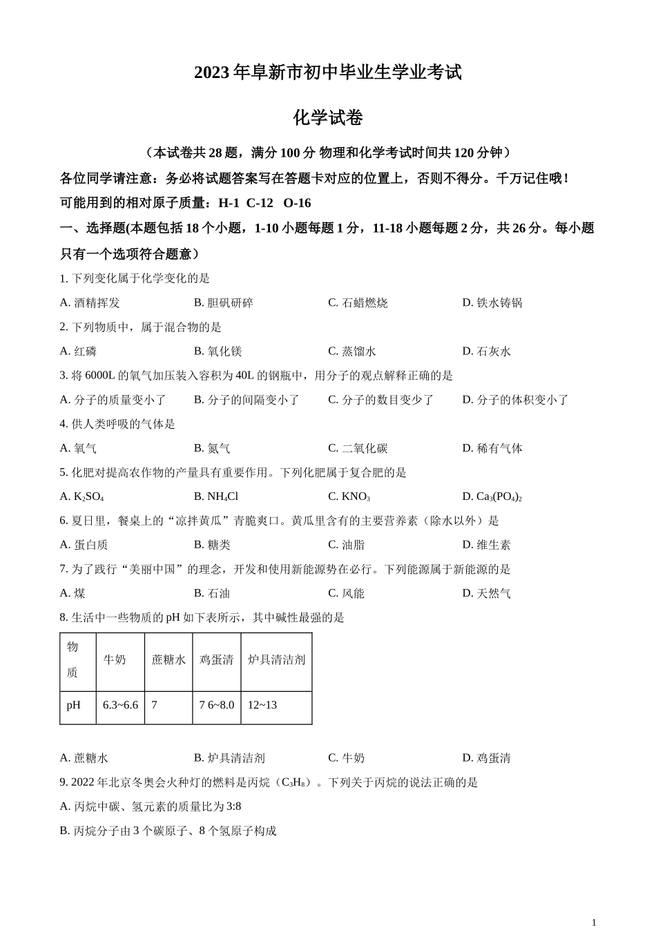 精品解析：2023年辽宁省阜新市中考化学真题（原卷版）.docx_第1页